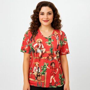 Red Western 50s Vtg Pinup Cowgirl Print Tee Costume Novelty Party Retro Unisex